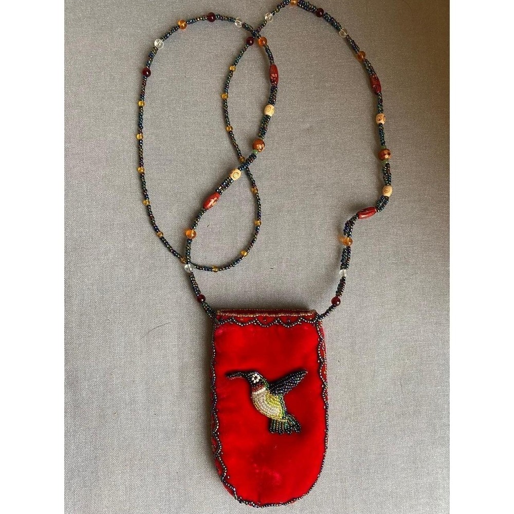 Velvet Beaded Hummingbird Necklace Pouch Purse Mini Jewelry 5" x 2" Art To Wear